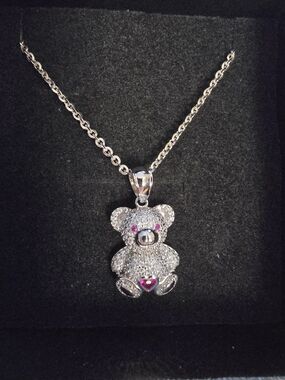 18" Sterling Silver Teddy Bear Necklace - Iced w/  Moissanite & Lab Created Ruby